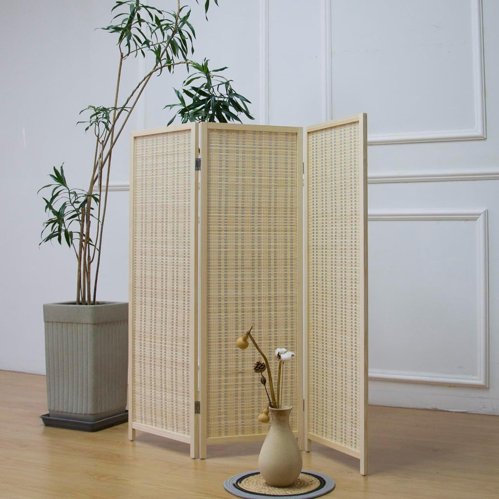 3 Panel Bamboo Room Divider Short Folding Screen Divider,Double Sided Bamboo Divider Screen for Room Separation,Beige,120 cm H x 117 cm W