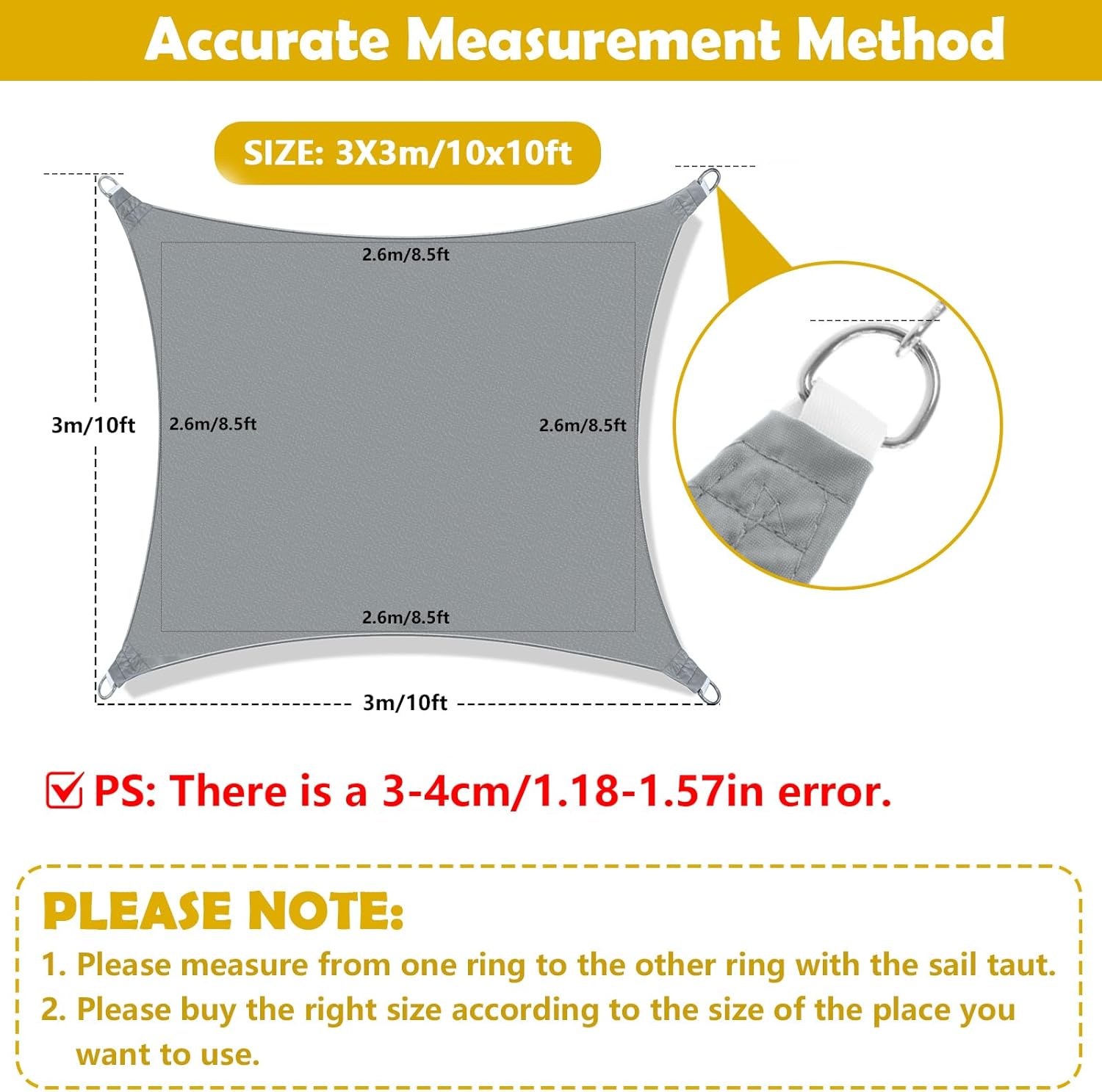 3m × 3m Waterproof Sun Shade Sail