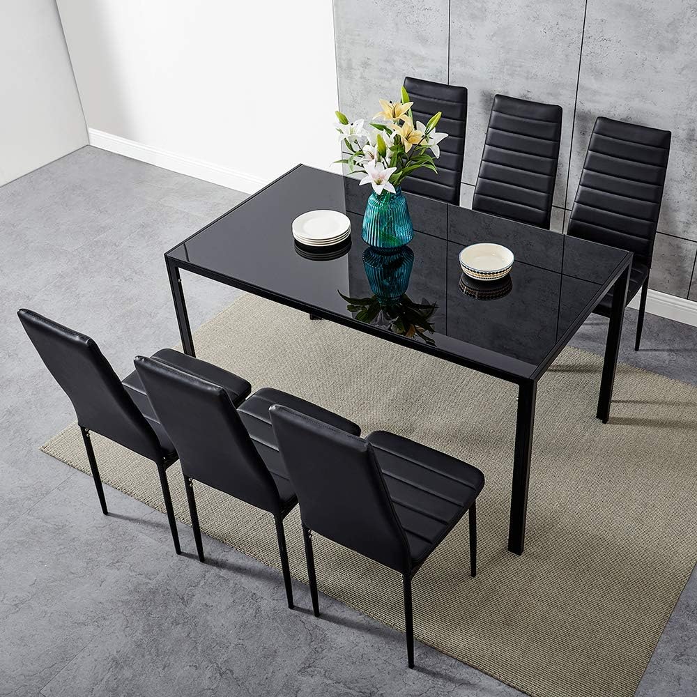 Glass Dining Table and Faux Leather Chairs Dining Room Kitchen Furniture Set (Table140cm + 6 Black Chairs)