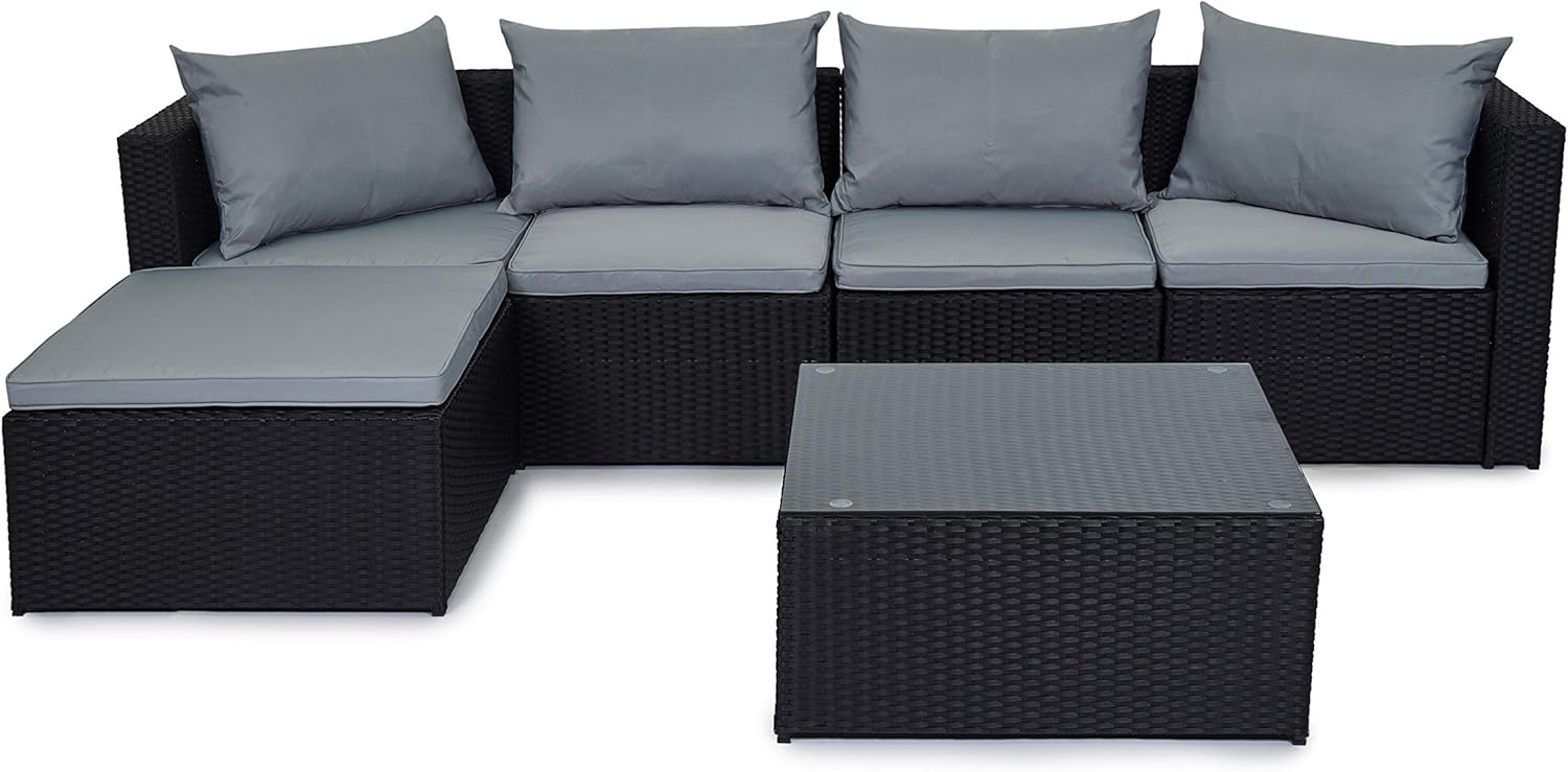 Black Outdoor Rattan Garden Furniture Set for Patio Conservatories with 5 seat Modular Sofa Glass Top Coffee Table Foot Stool Cushions and Fade Resistance (Black)
