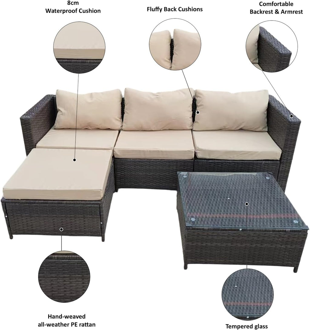 Garden Furniture Rattan Corner Sofa Set with Glass Coffee Table Ottoman for Patio Outdoor Lounge All-weather SFS066 (Mix Dark Natrual Brown+Brown Cushion)