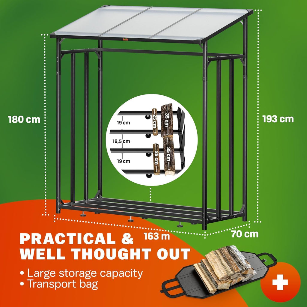 XXL Outdoor Steel Firewood Rack with Polycarbonate Roof &amp; Cover