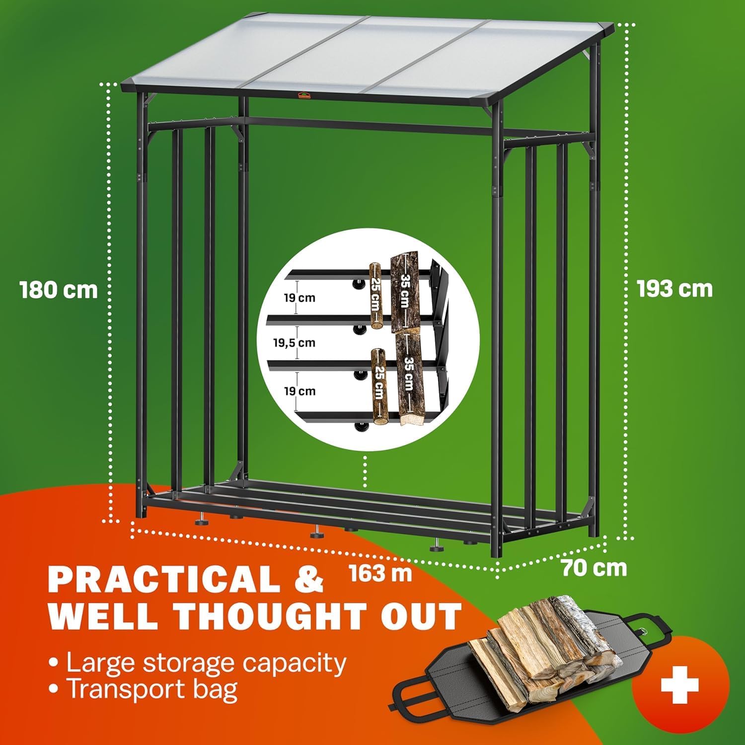 XXL Outdoor Steel Firewood Rack with Polycarbonate Roof &amp; Cover