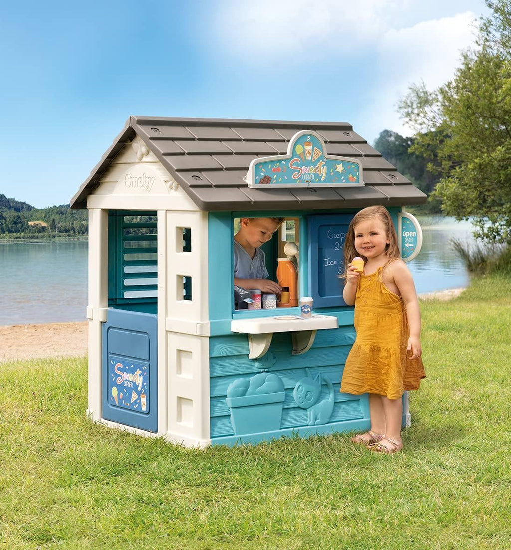 Corner House - Children's Garden Cabin - Snack Theme - Ice Cream Machine - 18 Accessories - Recycled Material - From 2 Years Old - Made in France
