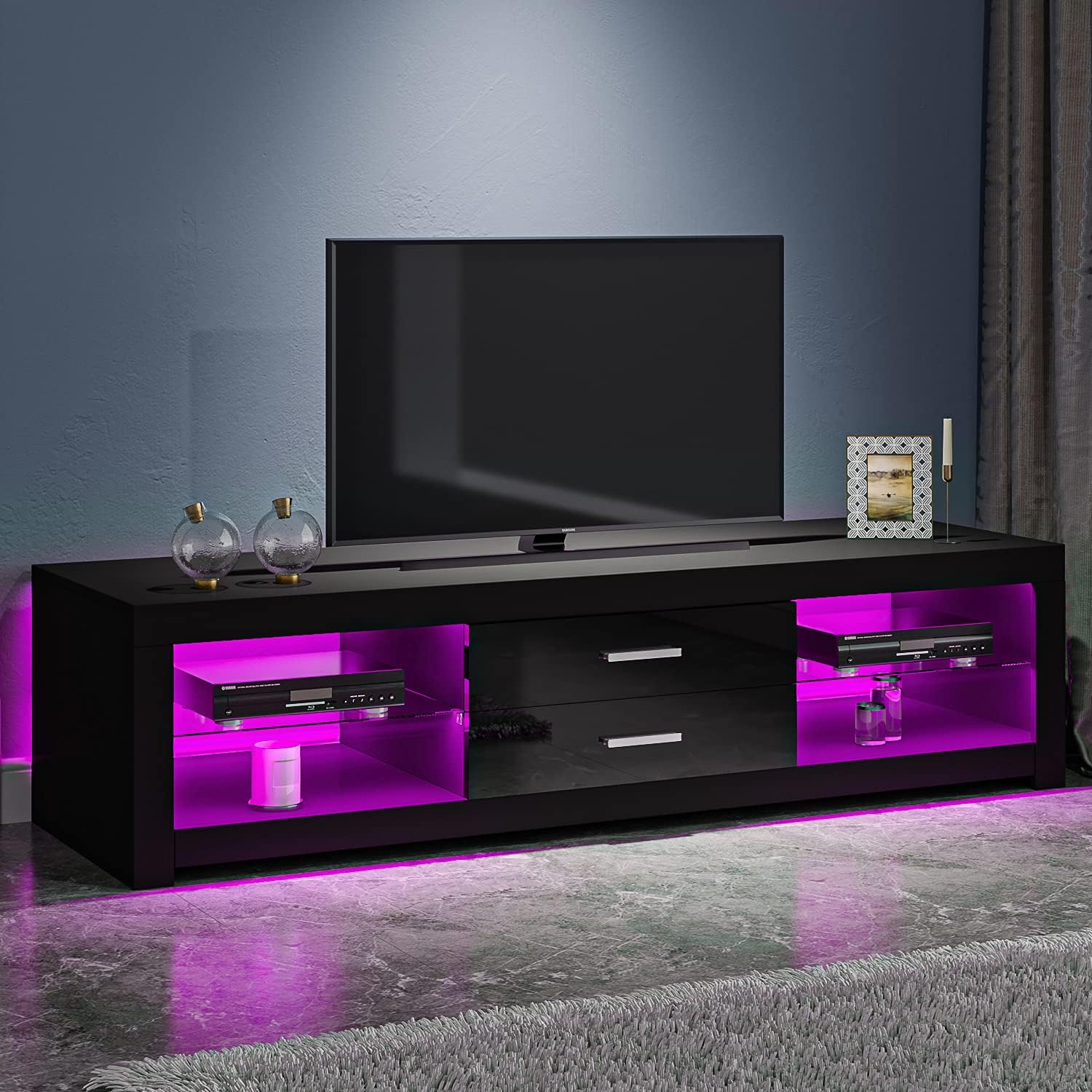 TV Stand Cabinet 2 Drawer 2 Glass Shelves LED Lighted TV Console Unit for 22"-55" Flat Screen 4k TVs (black)