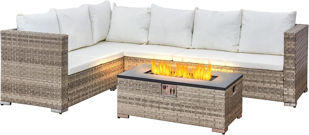 6-Seater Rattan Garden Furniture,Outdoor Sectional Sofa Set with Fire Pit Table,Grey Wicker with White Cushions