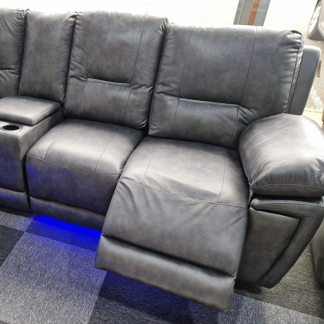 Leather Electric Recliner Sofa With Cupholders - Leather Corner Sofa - 3+2 Seater - USB Charging Ports - LED Lights - Grey(Corner)