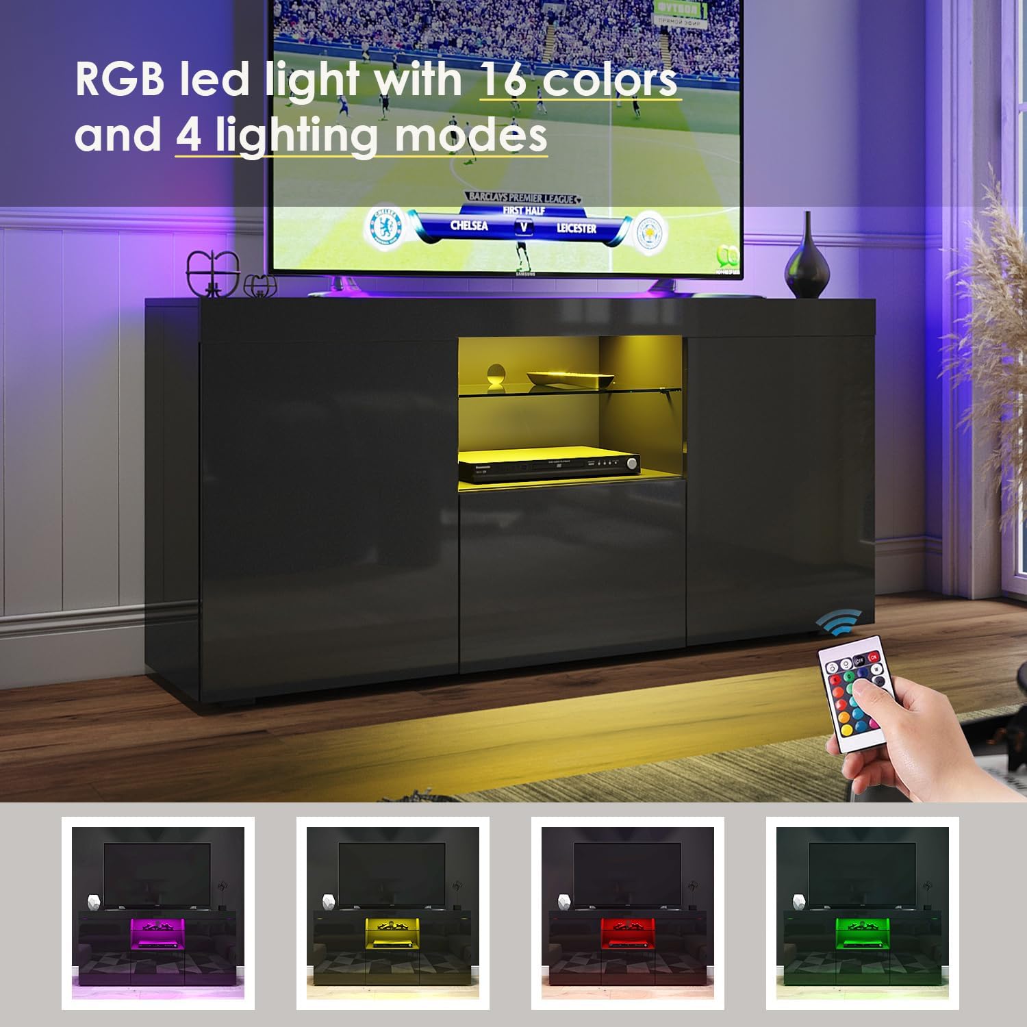 1350mm Modern TV Stand Cabinet with RGB LED Lights Black Gloss TV Unit for up to 55" TV with Ambient Light for Living Room Furniture