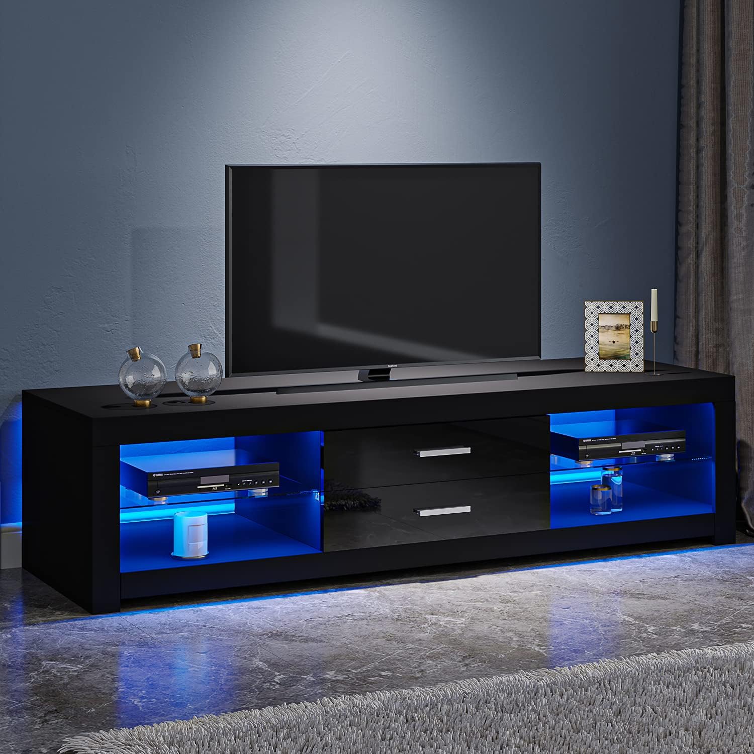 TV Stand Cabinet 2 Drawer 2 Glass Shelves LED Lighted TV Console Unit for 22"-55" Flat Screen 4k TVs (black)