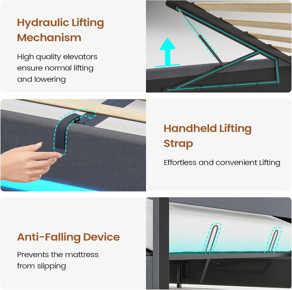 5ft King Ottoman Bed Frame 150×200 cm with Charging Station and LED Lights