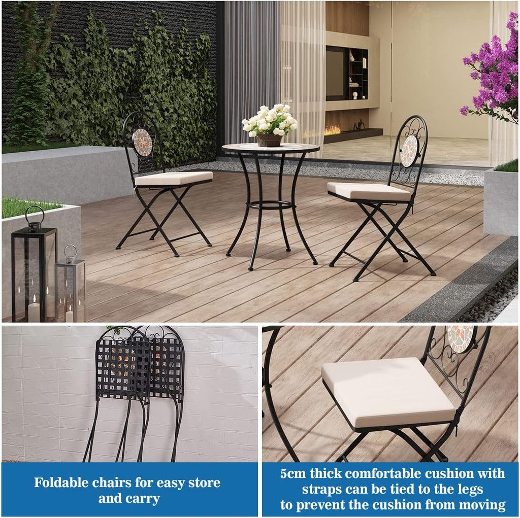 Set Mosaic Table and Chairs Garden Dining Table 2 Folding Chairs with Cushion Outdoor Coffee Table and Metal Chair Seat for Balcony