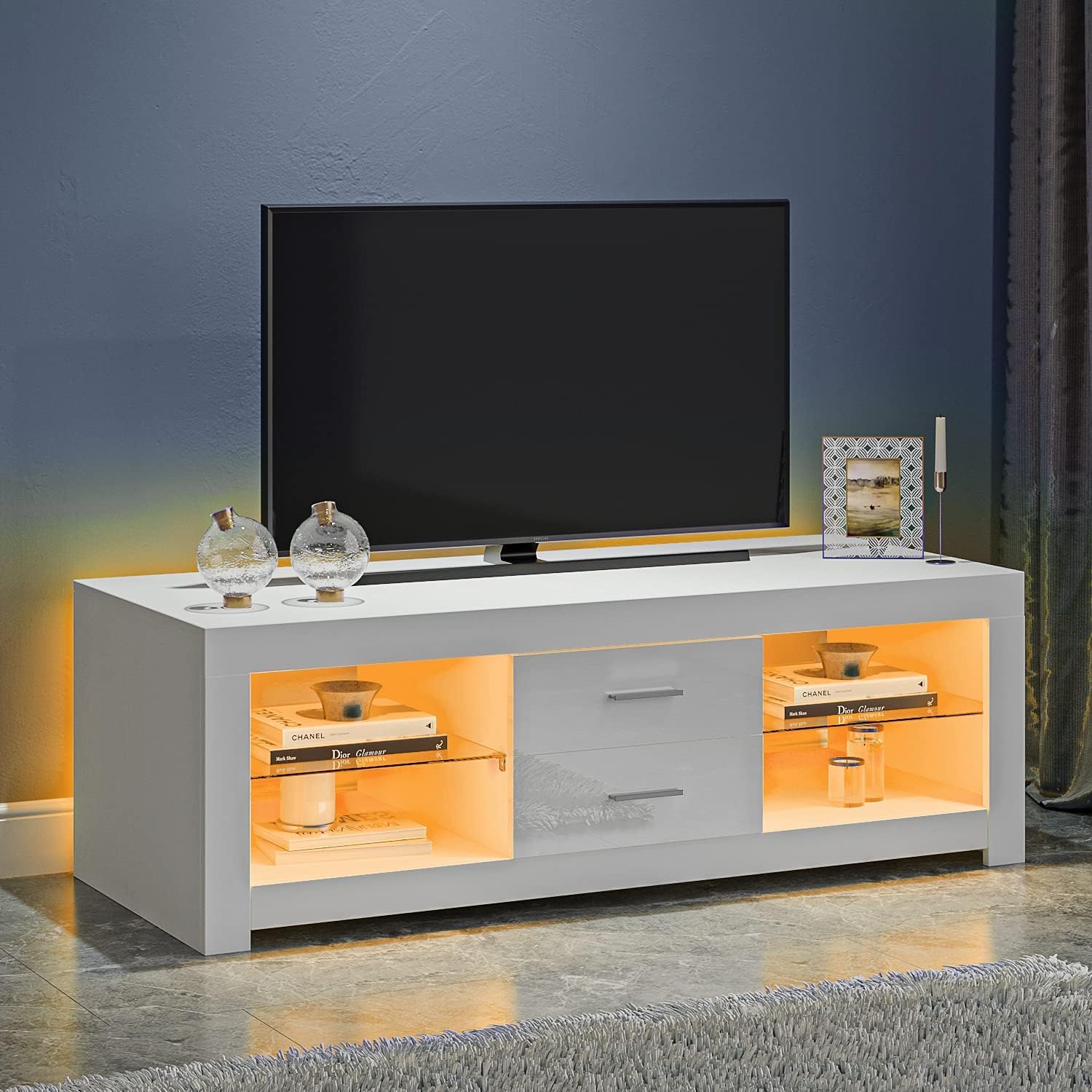 Modern TV Unit Stand Cabinet 120cm 2 Drawers 2 Glass Shelves Media Storage Sideboard with RGB LED Lights up to 55" TVs Screen