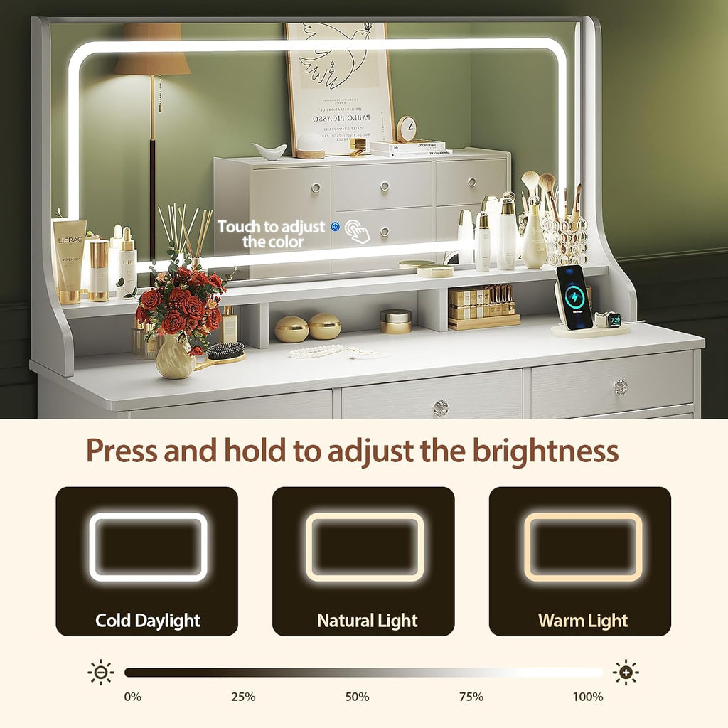 Dressing Table Vanity Desk with Mirror and Drawers Vanity Table Makeup Desk Shelves Storage Adjustable Brightness Makeup Table Cosmetic Bedroom Dresser Furniture (White 11 Drawers
