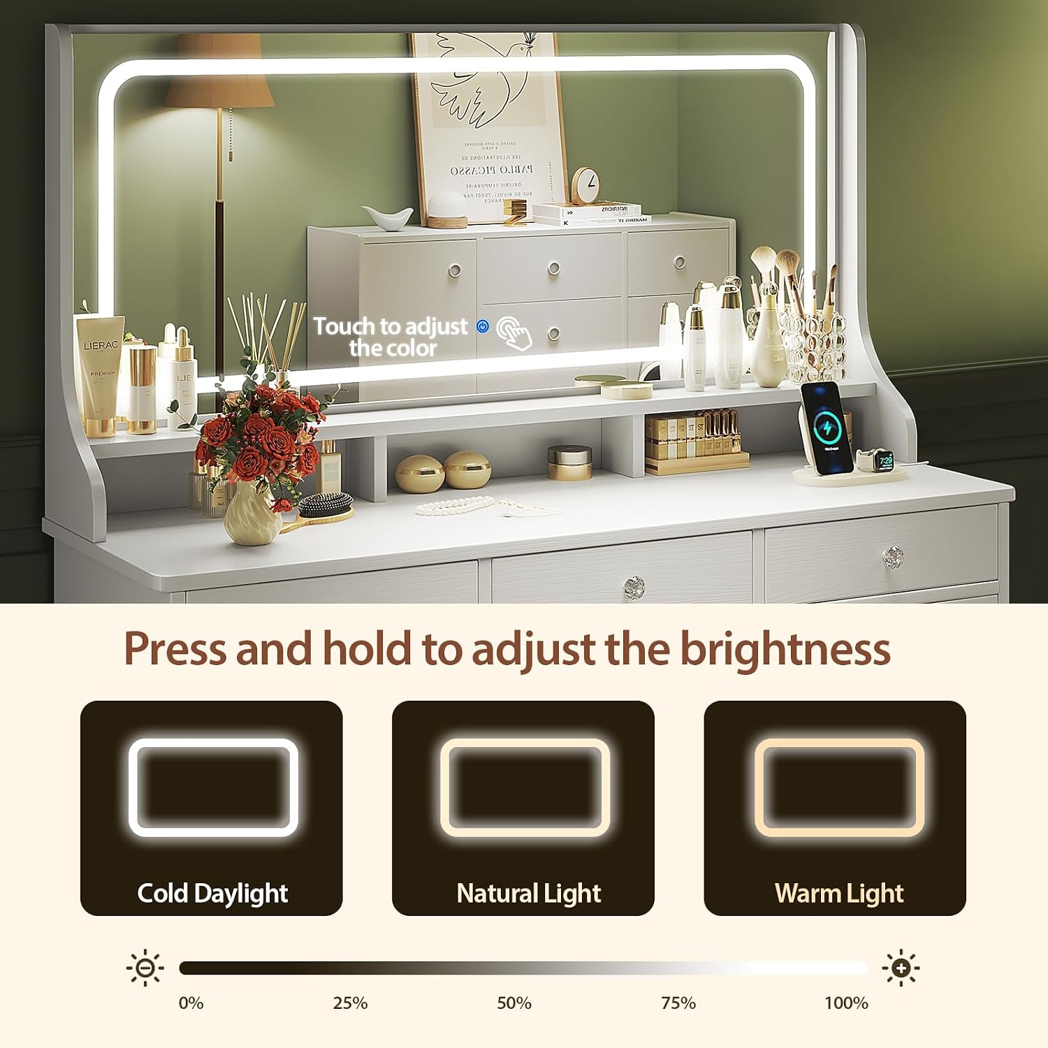 Dressing Table Vanity Desk with Mirror and Drawers Vanity Table Makeup Desk Shelves Storage Adjustable Brightness Makeup Table Cosmetic Bedroom Dresser Furniture (White 11 Drawers