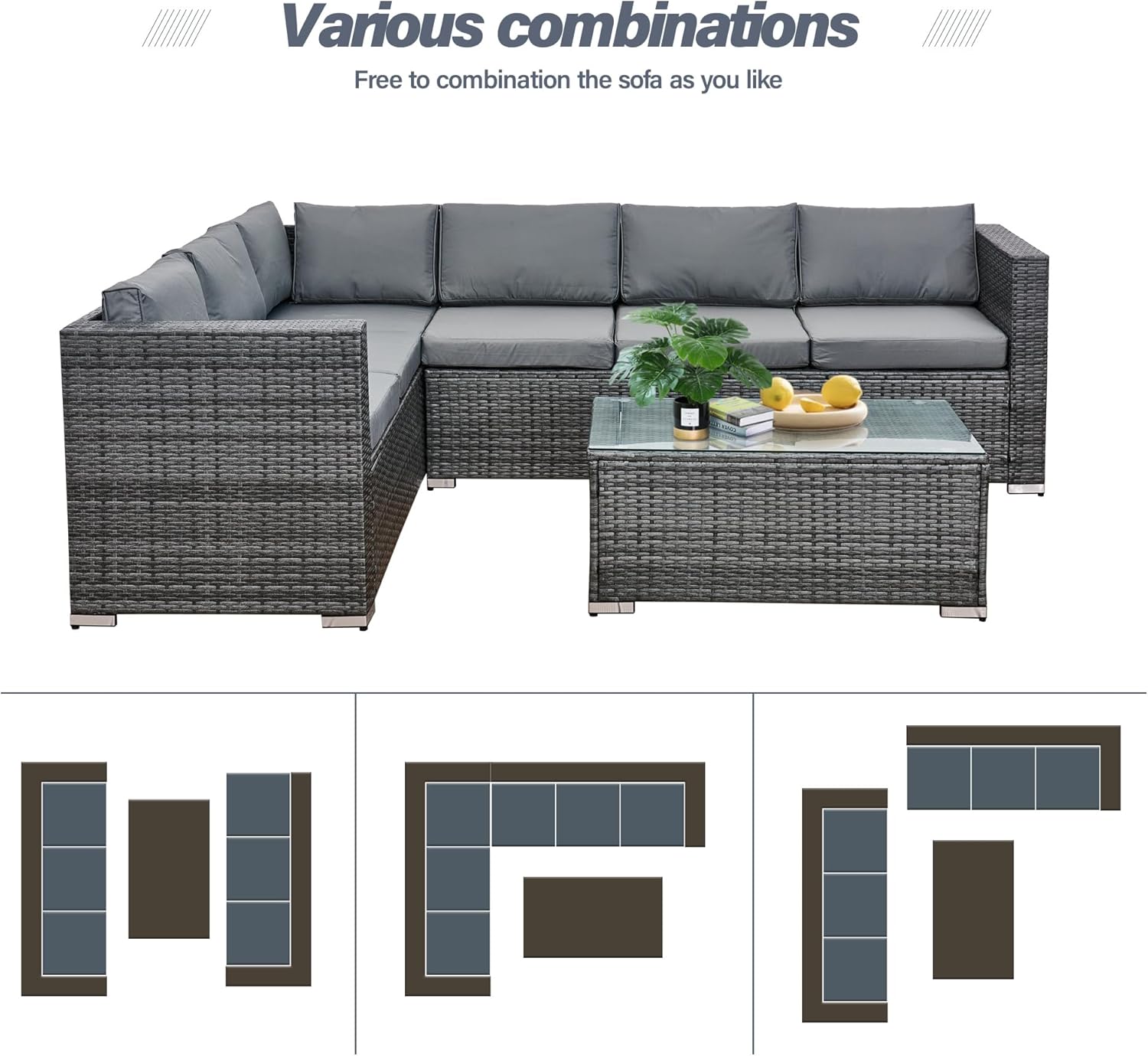 6 Seater Rattan Corner Sofa Set Rattan Garden Furniture Set All-Weather PE Rattan Wicker Patio Conversation Set with Modern Glass Coffee Table and Washable Cushions (Gray)