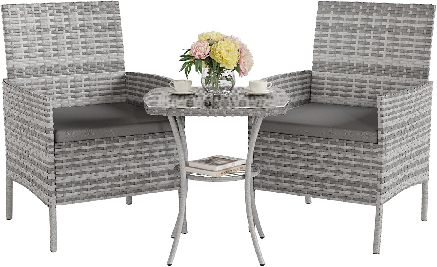 Garden Furniture Set 3 PCS Rattan Patio Conservatory Outdoor Bistro Set Patio Weave Companion Chair Table Set Grey