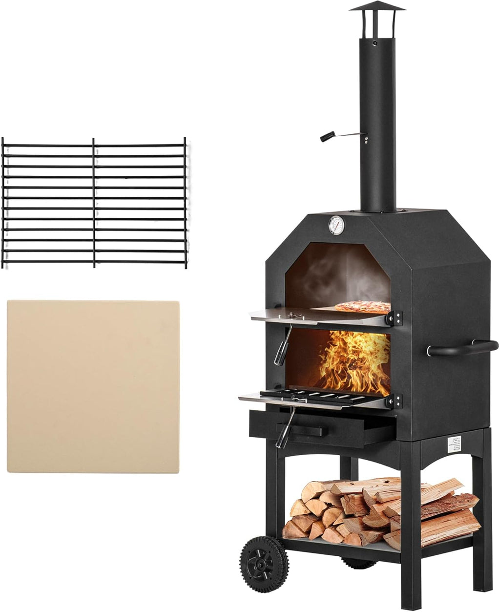 Outdoor Garden Pizza Oven Charcoal BBQ Grill 3-Tier Freestanding w/Chimney