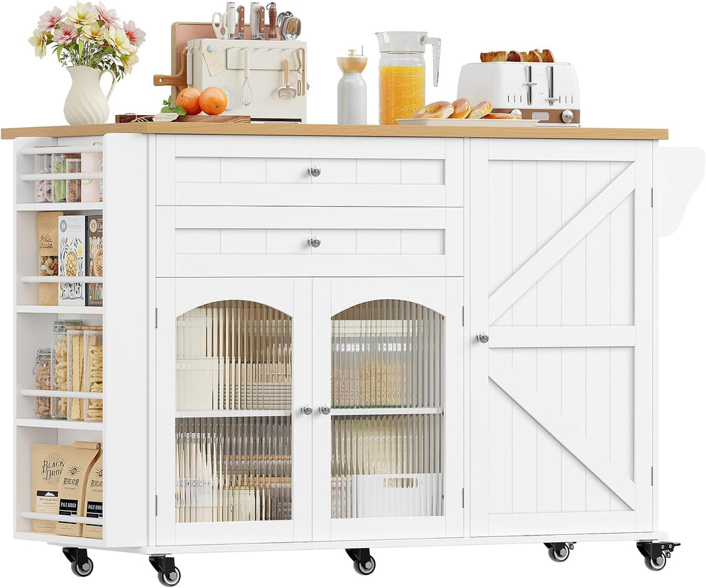 Kitchen Island Kitchen Storage Trolley on Wheels Mobile Storage Island with Foldable Worktop Spice Rack Towel Bar Rolling Sideboard Storage Cabinet Dining Room 132x40x97.5cm White