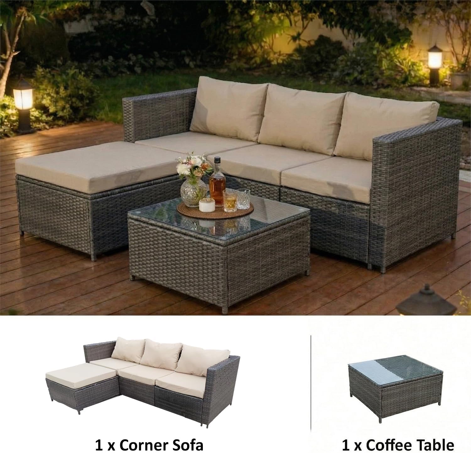 Garden Furniture Rattan Corner Sofa Set with Glass Coffee Table Ottoman for Patio Outdoor Lounge All-weather SFS066 (Mix Dark Natrual Brown+Brown Cushion)