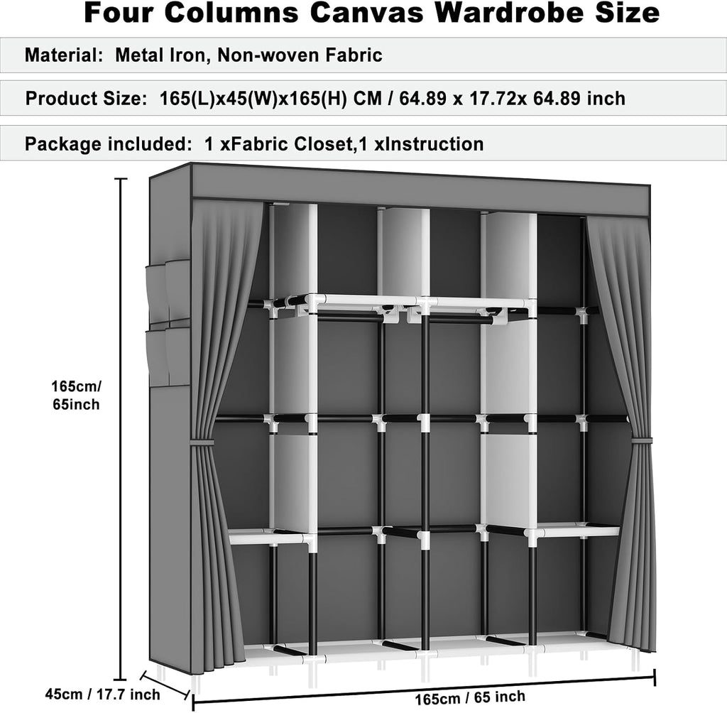 Canvas Wardrobe with 4 Hanging Rails