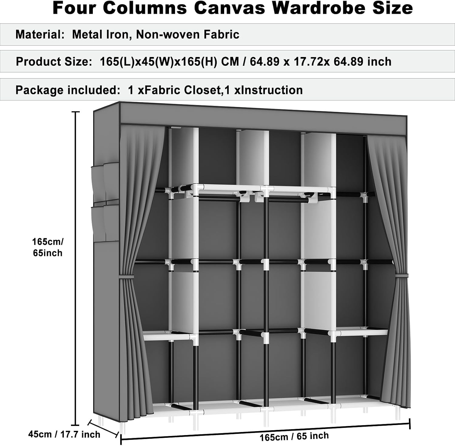 Canvas Wardrobe with 4 Hanging Rails