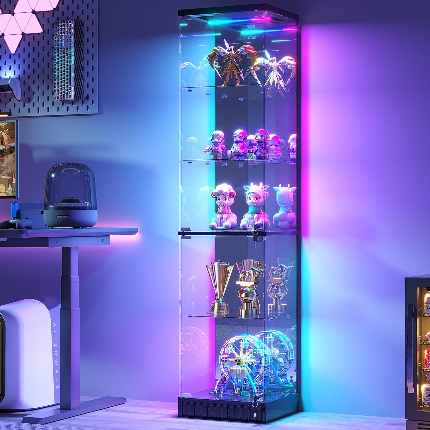 67″ RGB Glass Display Cabinet with Human Sensor,Modern Storage Bookcase Cabinet with Dynamic lighting,5 Tier Curio Cabinet with Lockable Glass Door for Study,Living Room,Bedroom,Black