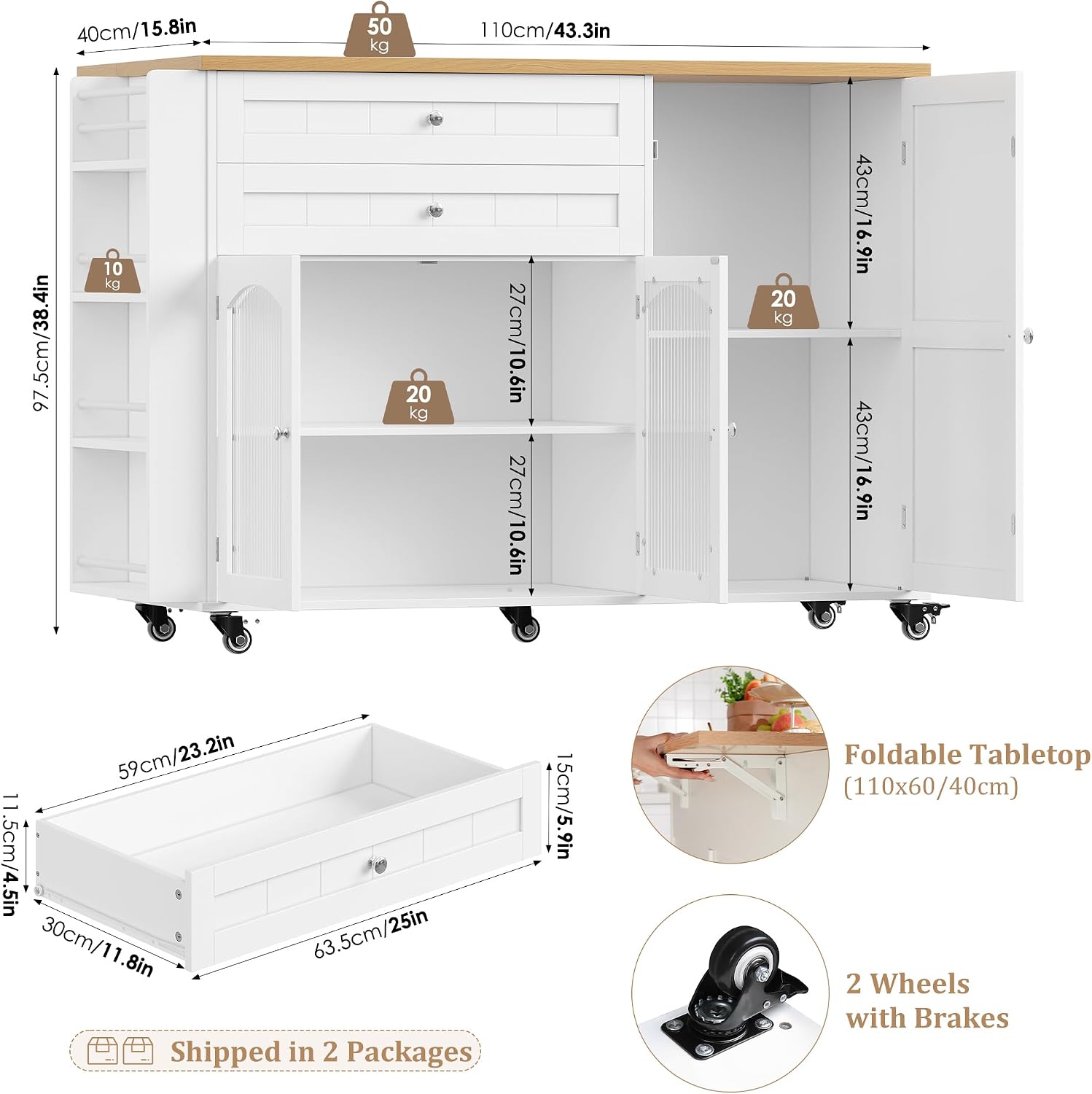 Kitchen Island Kitchen Storage Trolley on Wheels Mobile Storage Island with Foldable Worktop Spice Rack Towel Bar Rolling Sideboard Storage Cabinet Dining Room 132x40x97.5cm White
