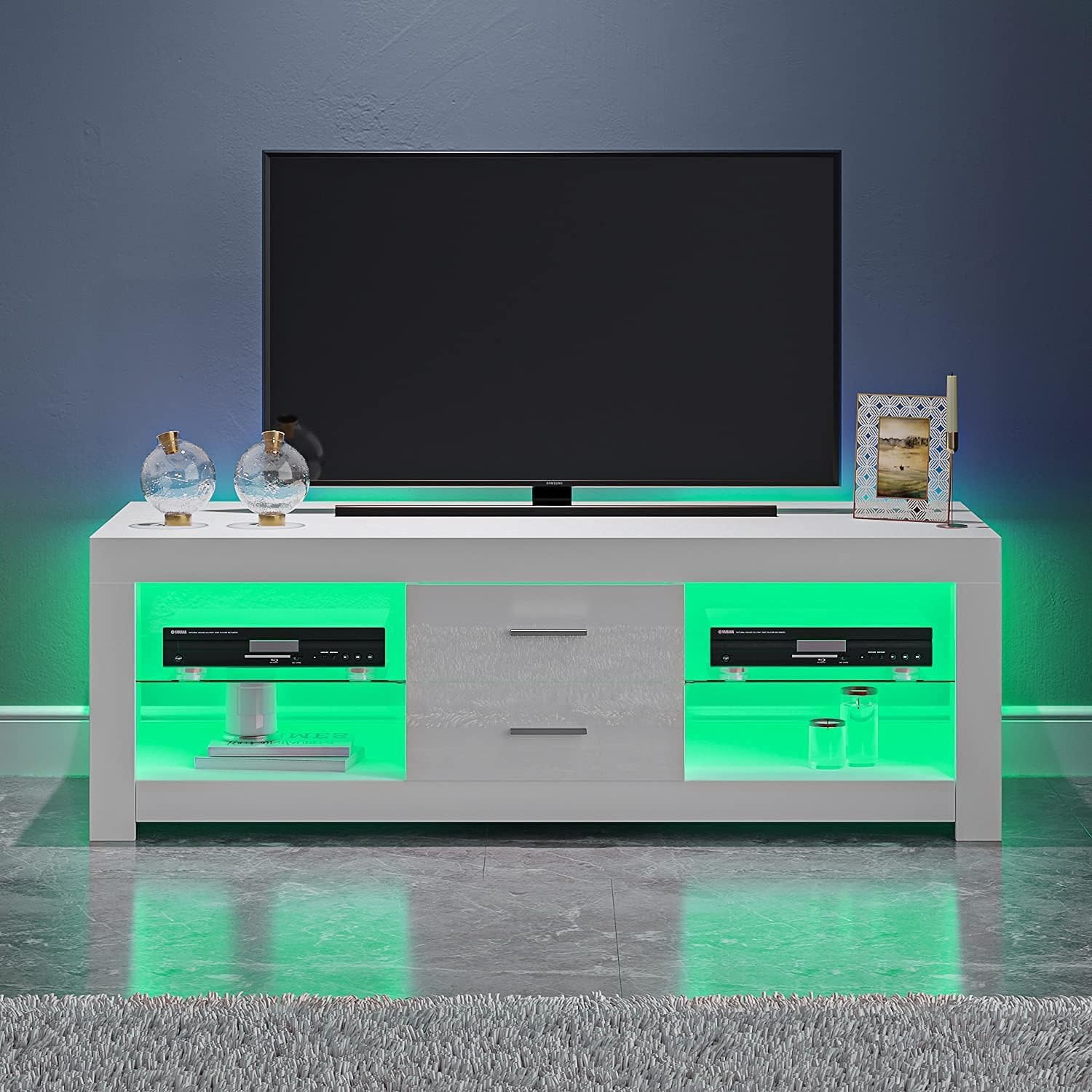 Modern TV Unit Stand Cabinet 120cm 2 Drawers 2 Glass Shelves Media Storage Sideboard with RGB LED Lights up to 55" TVs Screen