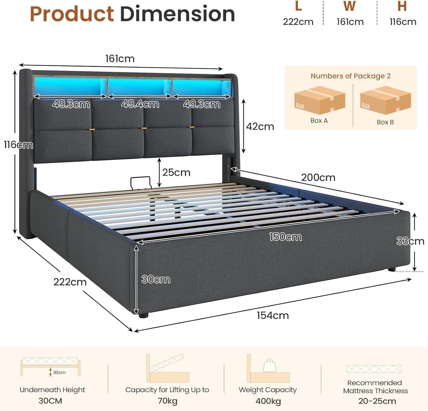King Size Bed Frame with Hydraulic Storage,Charging Station and Led Lights King Upholstered Ottoman Bed with Headboard,5ft Lift Up Platform Storage Beds,Wood Slats,Grey-150x200cm-No Mattress