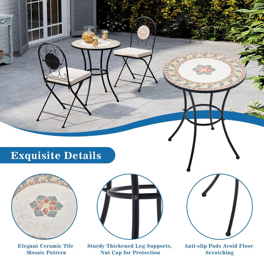 Set Mosaic Table and Chairs Garden Dining Table 2 Folding Chairs with Cushion Outdoor Coffee Table and Metal Chair Seat for Balcony