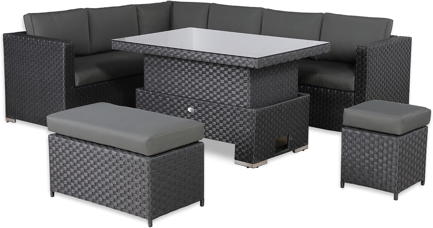 Rattan Rattan Corner Sofa Set Rattan Garden Furniture Set Patio Corner Sofa Set with Rising Table and Washable Cushions (black