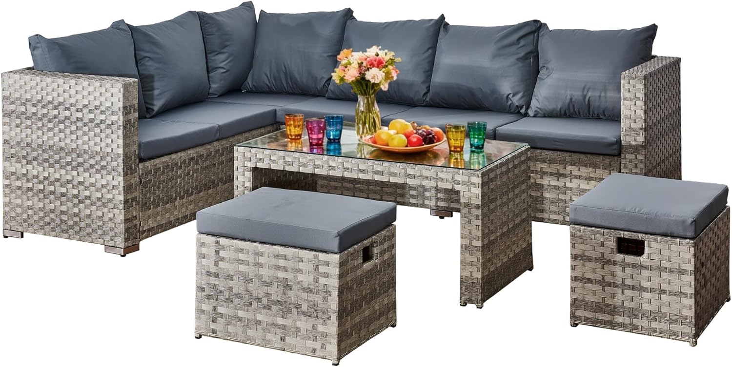 8-Seater L-Shaped Rattan Corner Sofa Set - All-Weather Wicker Outdoor Patio Garden Furniture with 2 Storage Ottomans