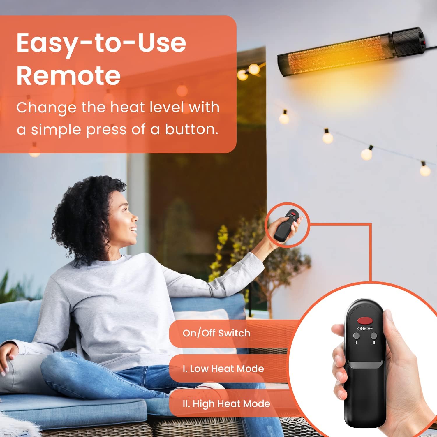 2000W - IP65 Waterproof Outdoor Halogen Infrared Patio Heater - Wall Mounted Electric Heater With Remote Control for Garden - 2 Heat Settings - Fixtures &amp; Fittings included