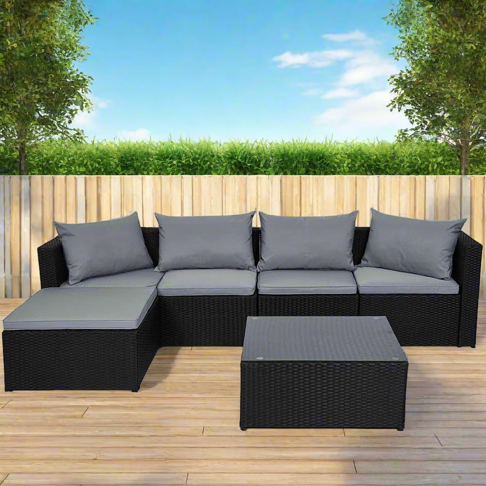Black Outdoor Rattan Garden Furniture Set for Patio Conservatories with 5 seat Modular Sofa Glass Top Coffee Table Foot Stool Cushions and Fade Resistance (Black)