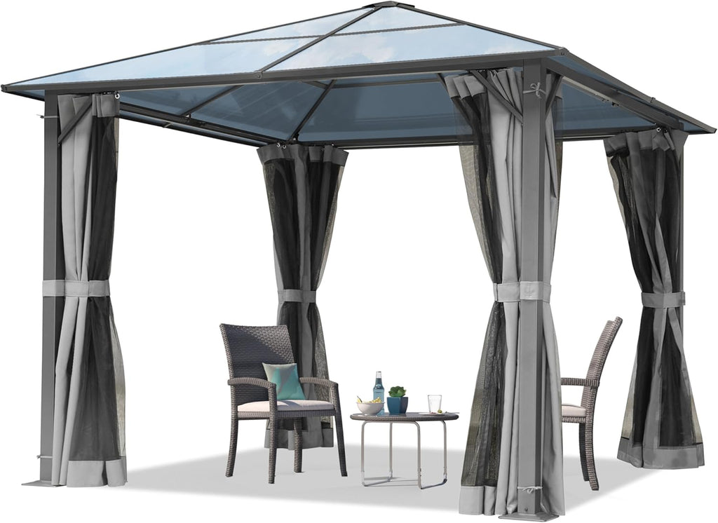 Garden gazebo 3x3 m polycarbonate roof approx. 6 mm - hardtop pavilion with 4 sides &amp; mosquito nets in grey