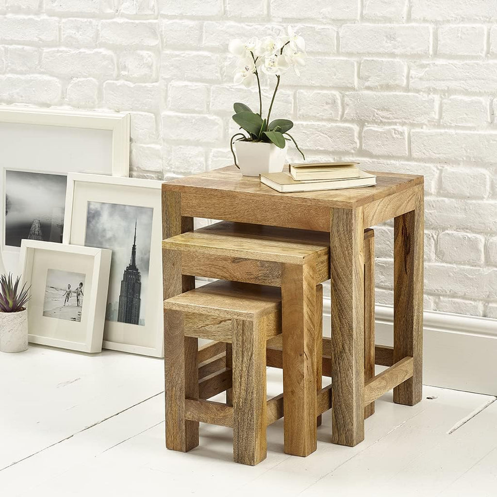 Wood Nest Of Three 3 Tables End Side Lamp Table (Light)