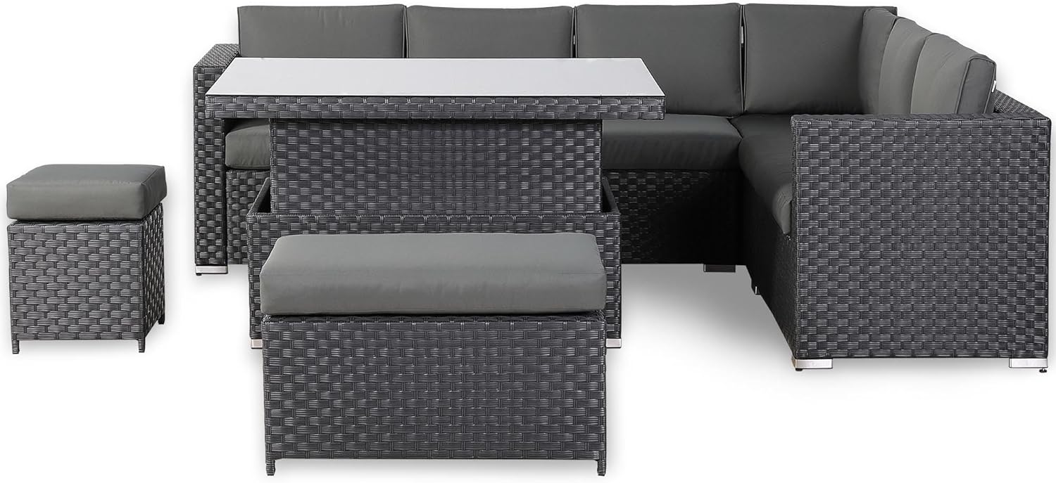 Rattan Rattan Corner Sofa Set Rattan Garden Furniture Set Patio Corner Sofa Set with Rising Table and Washable Cushions (black