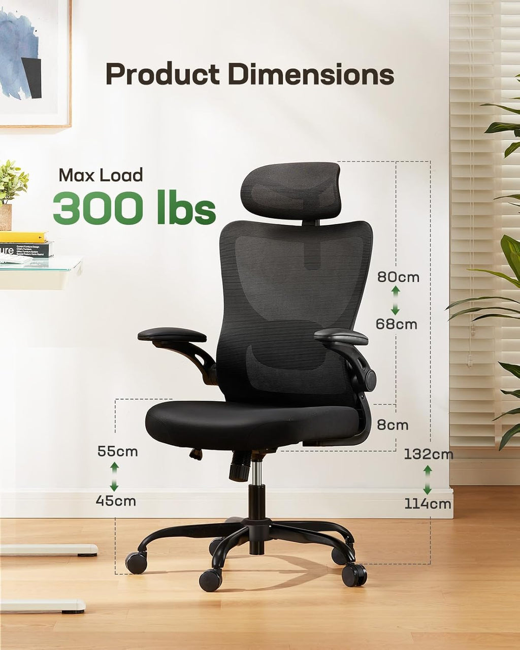 Office Chair: Computer Desk Chair with High Back Adjustable Lumbar Support 3D Armrests and Headrest 101°-120°Rocking Mesh Swivel Task Chairs for Home Office