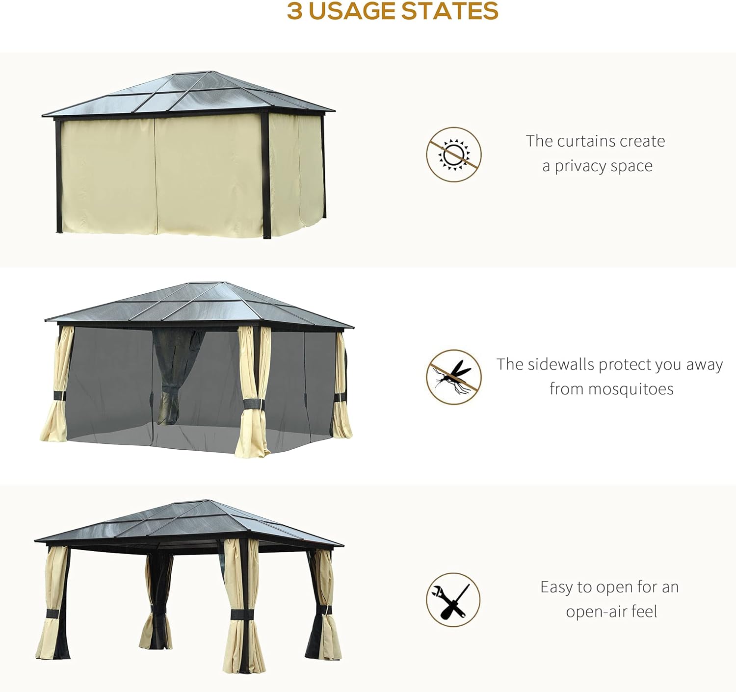 3.6 x 4m Hardtop Gazebo Canopy with Polycarbonate Roof and Aluminium Frame
