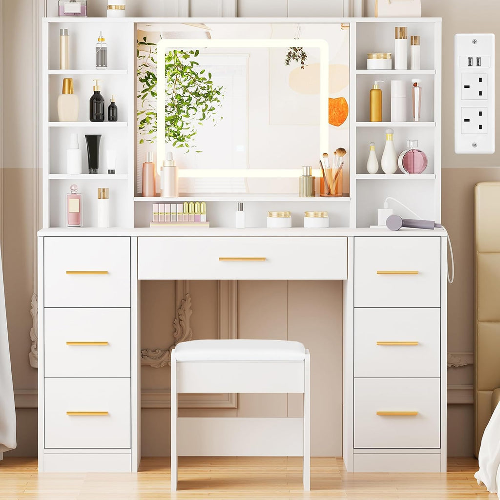 Dressing Table with Lighted Mirror Makeup Vanity Desk with Power Outlet 7 Drawers 3 Colors Lighting Adjustable Brightness Modern Vanity Table for Women Bedroom Dressing Room White YBDT90W