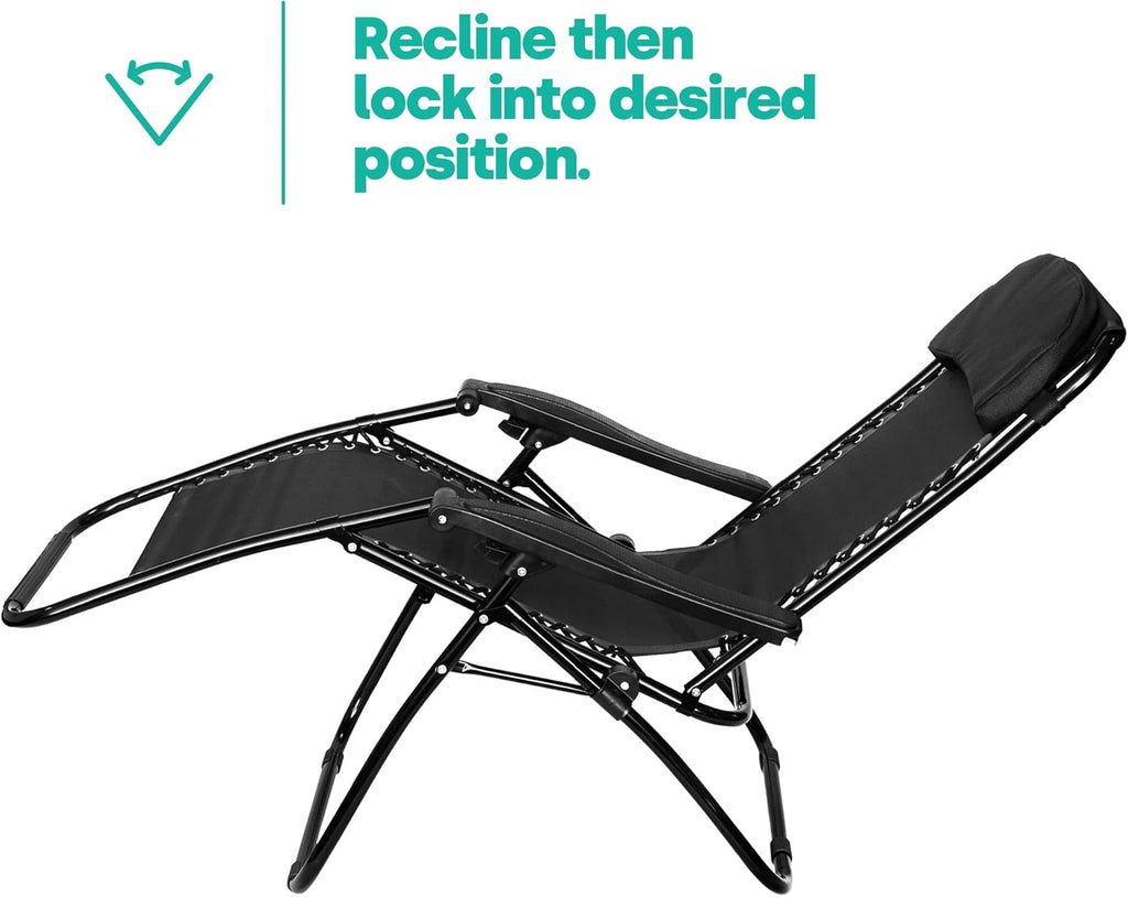 Set of 2 Sun Lounger Garden Chairs - Lightweight Zero Gravity Recliner Chairs with Clip-On Side Tray &amp; Adjustable Headrest - Foldable Sunloungers - Outdoor Chair Sunbed (Black)