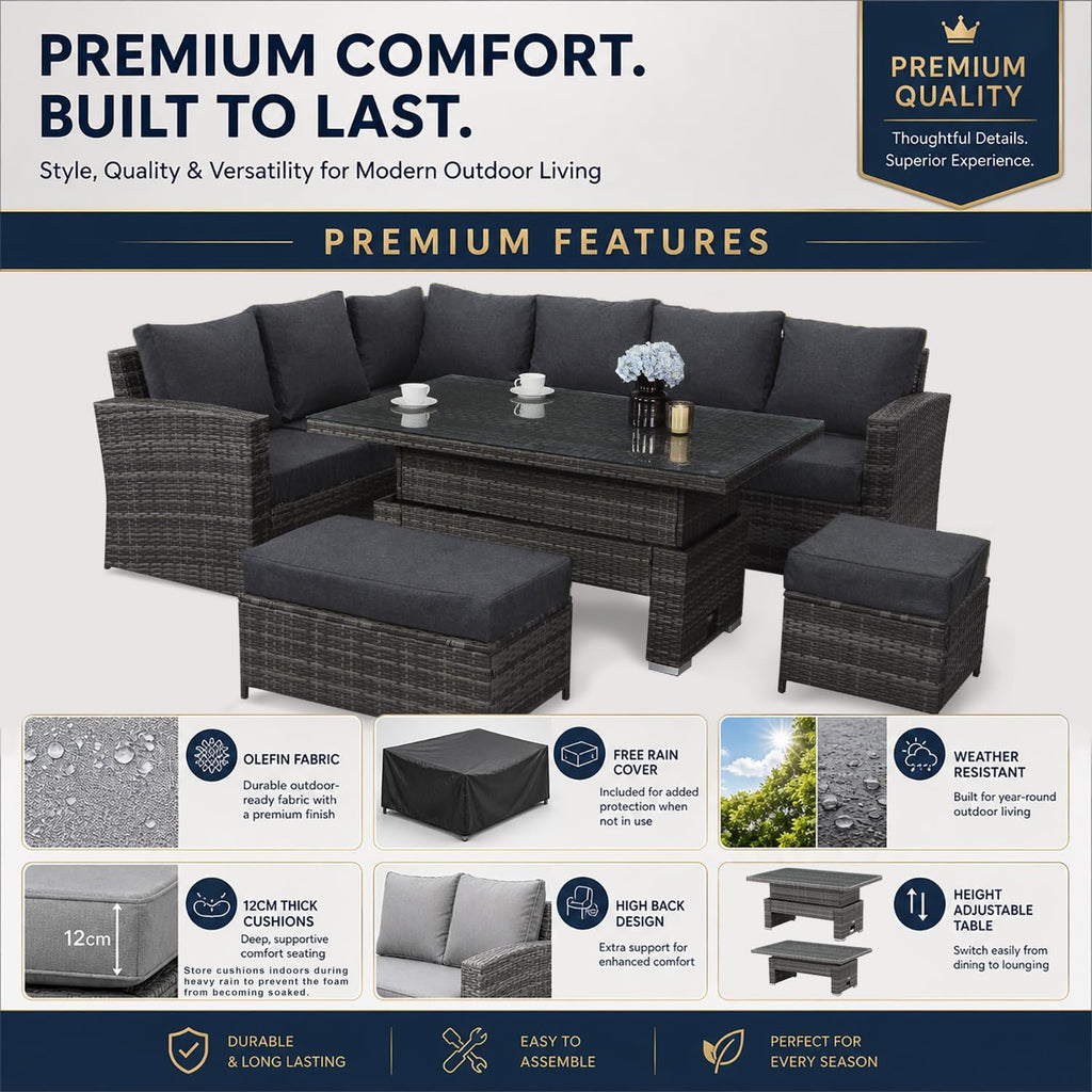9 Seater Rattan Garden Furniture Set with Height Adjustable Rising Table - Outdoor Furniture Rattan Corner Sofa - Garden Patio Sets - FREE COVER INCLUDED (Dark Grey Mixed with Dark Grey Cushions)