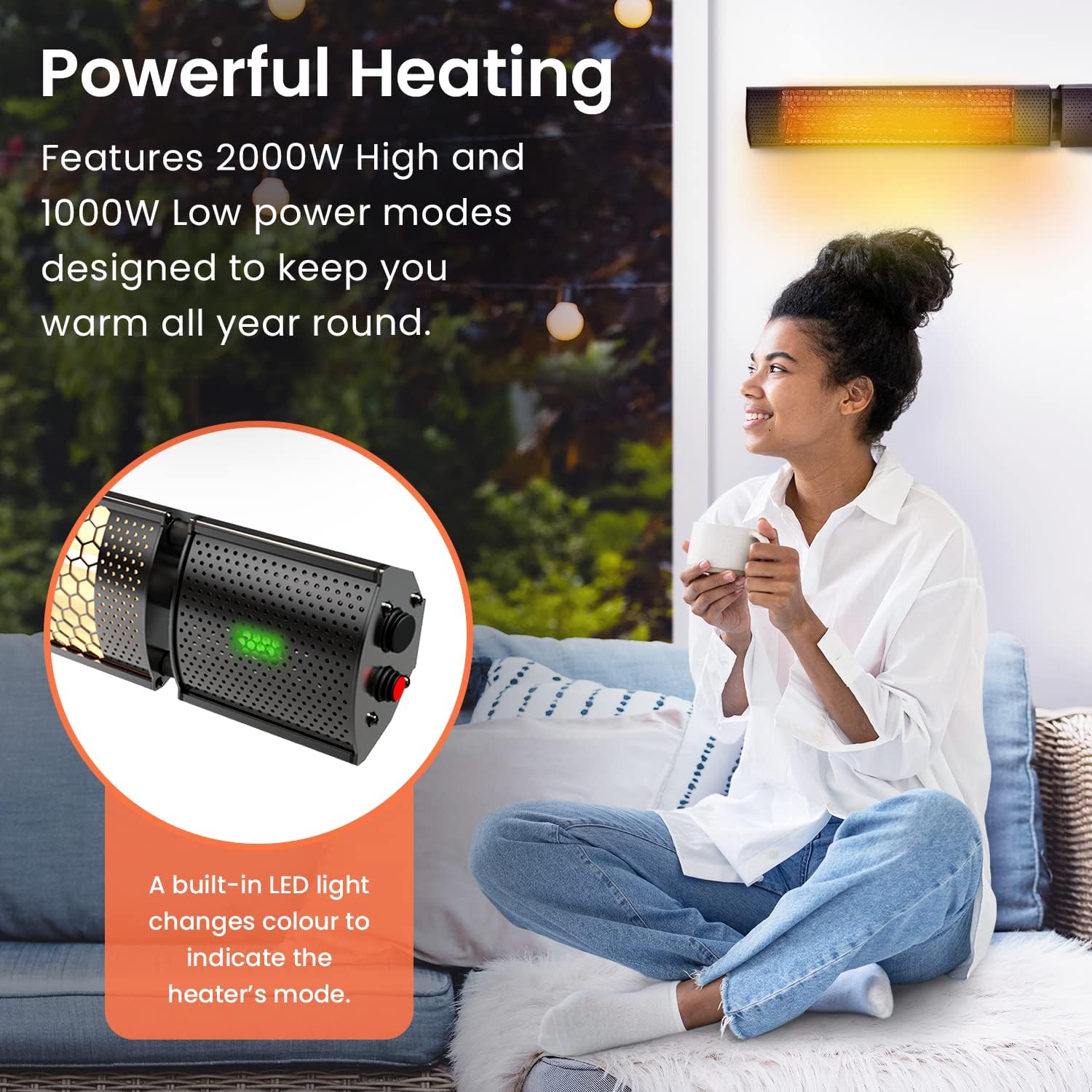 2000W - IP65 Waterproof Outdoor Halogen Infrared Patio Heater - Wall Mounted Electric Heater With Remote Control for Garden - 2 Heat Settings - Fixtures &amp; Fittings included