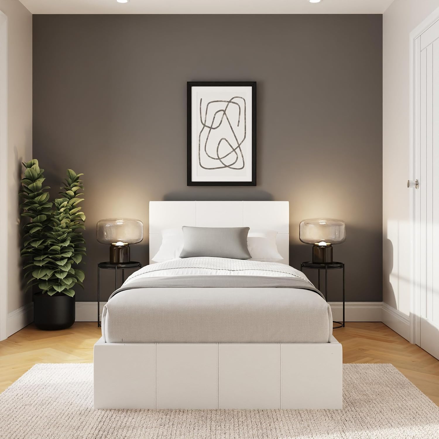 Single White Upholstered Fabric Ottoman Bed Frame