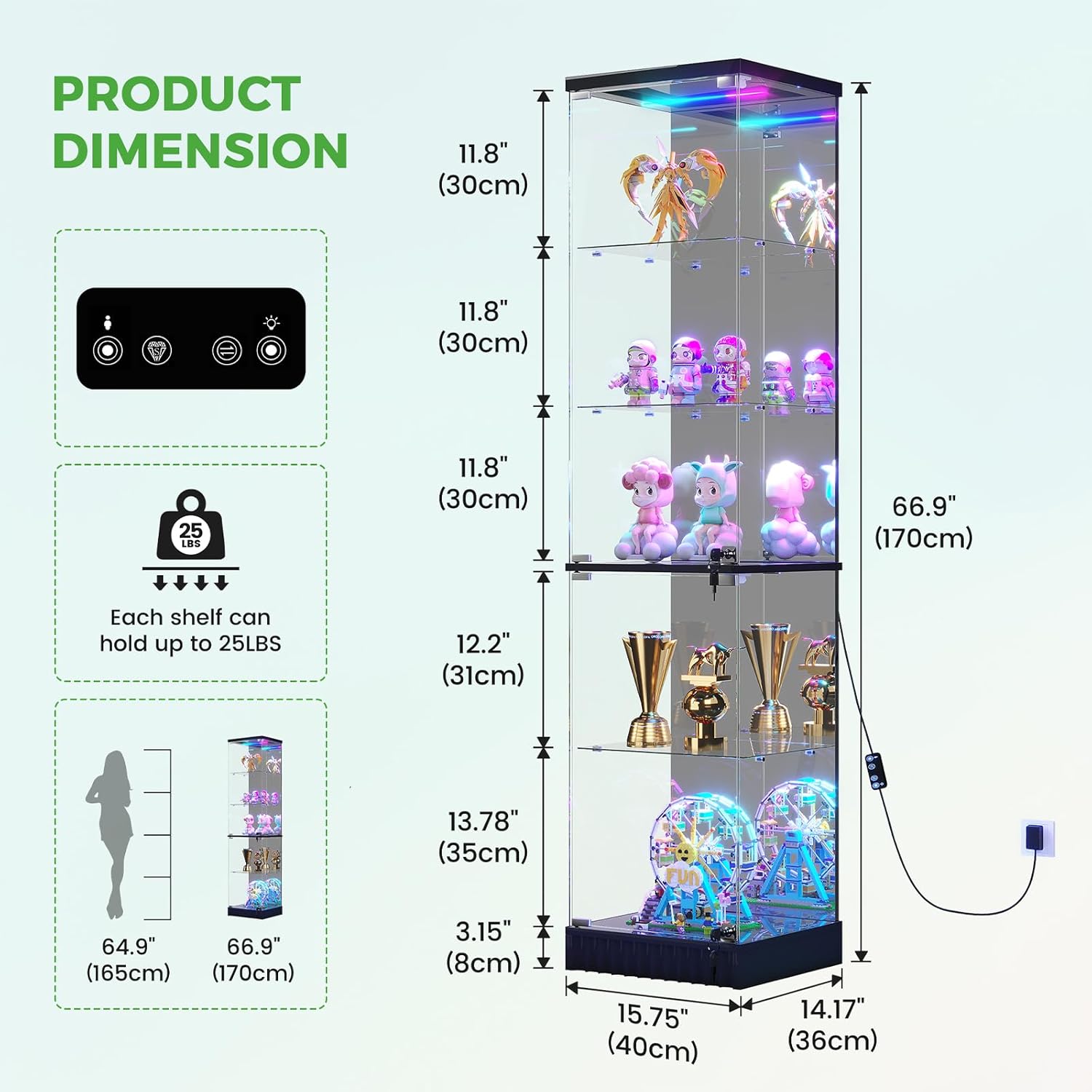 67″ RGB Glass Display Cabinet with Human Sensor,Modern Storage Bookcase Cabinet with Dynamic lighting,5 Tier Curio Cabinet with Lockable Glass Door for Study,Living Room,Bedroom,Black