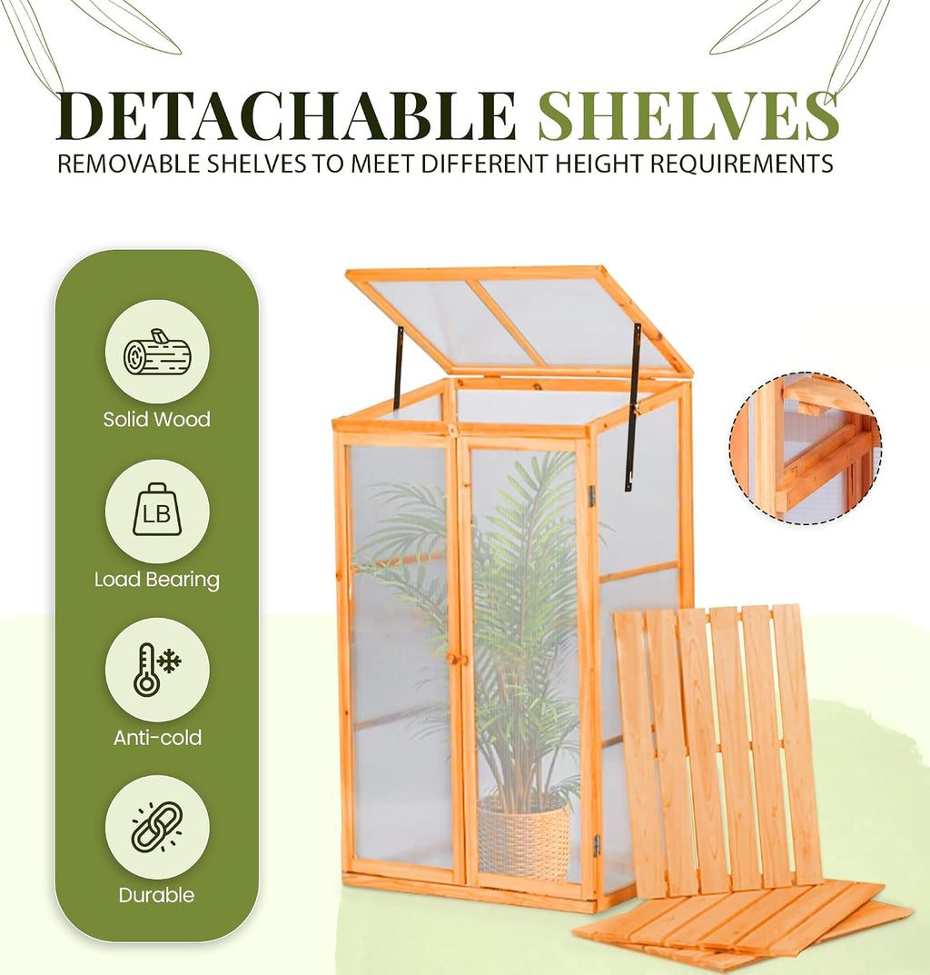 Wooden Greenhouse for Garden with Transparent Polycarbonate Panels Outdoor Green House - Wooden Cold Frame with Removeable Shelves Grow House for Plants and Herbs H120 x W69 x D49 cm
