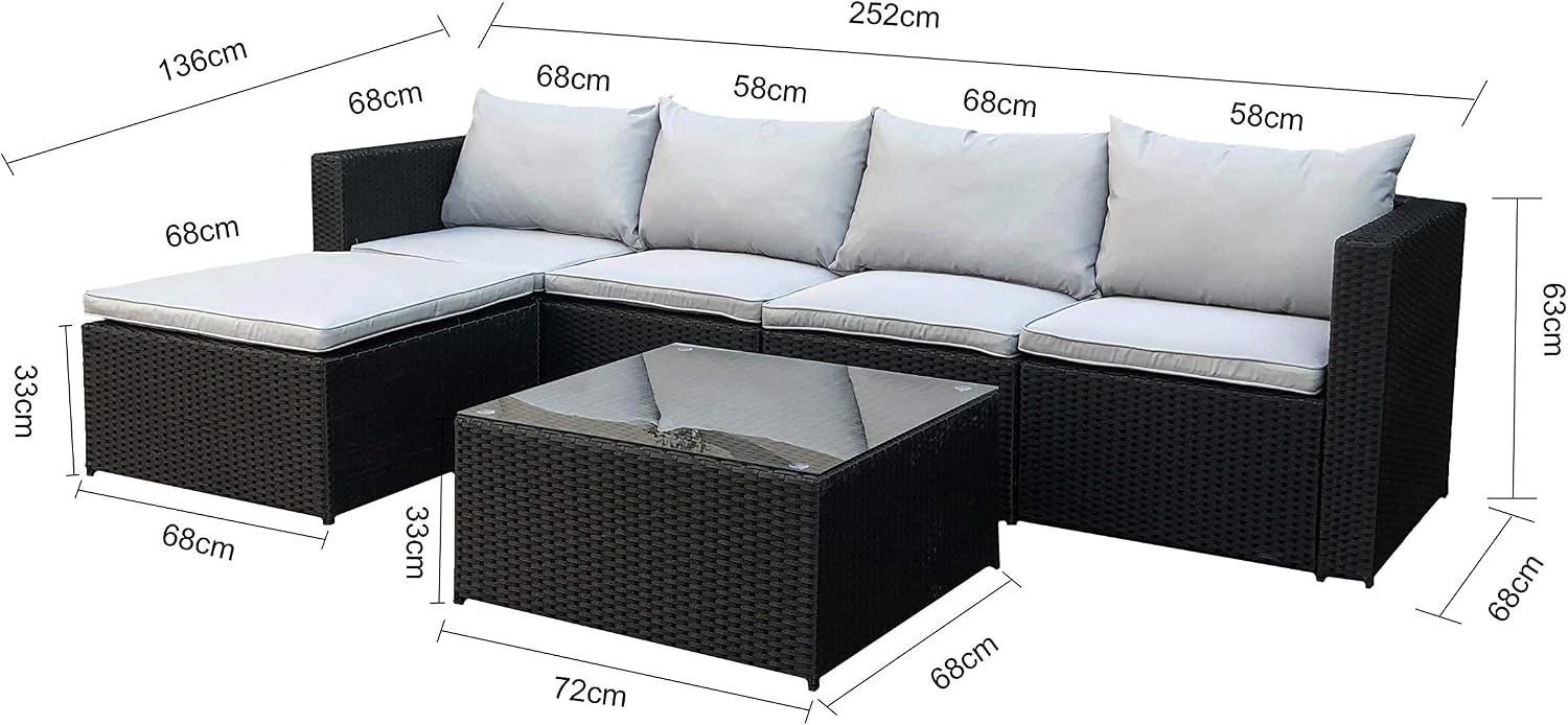 Black Outdoor Rattan Garden Furniture Set for Patio Conservatories with 5 seat Modular Sofa Glass Top Coffee Table Foot Stool Cushions and Fade Resistance (Black)