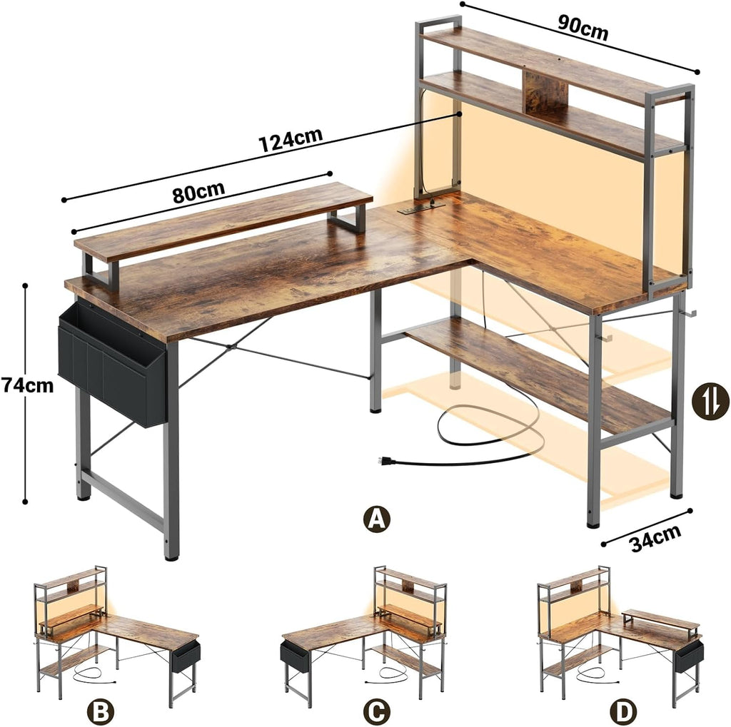 Gaming Desk with Power Outlets &amp; LED Lights