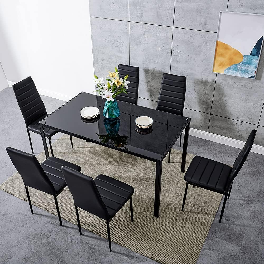 Glass Dining Table and Faux Leather Chairs Dining Room Kitchen Furniture Set (Table140cm + 6 Black Chairs)