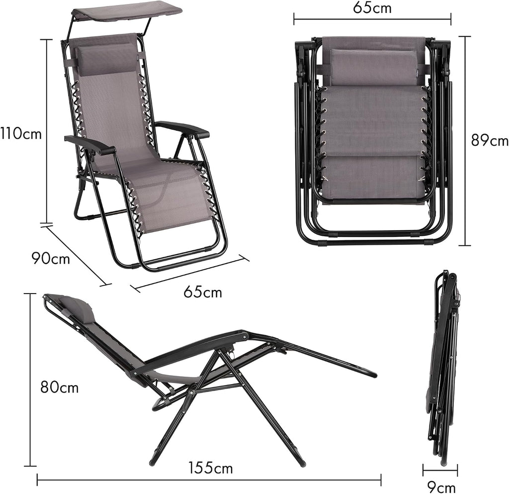 Chairs with Canopy Set of 2 - Grey Reclining Sun Loungers for Garden - Textilene Folding Sunloungers with Adjustable Sun Shade - 2 Set Deck Chairs for Outdoor
